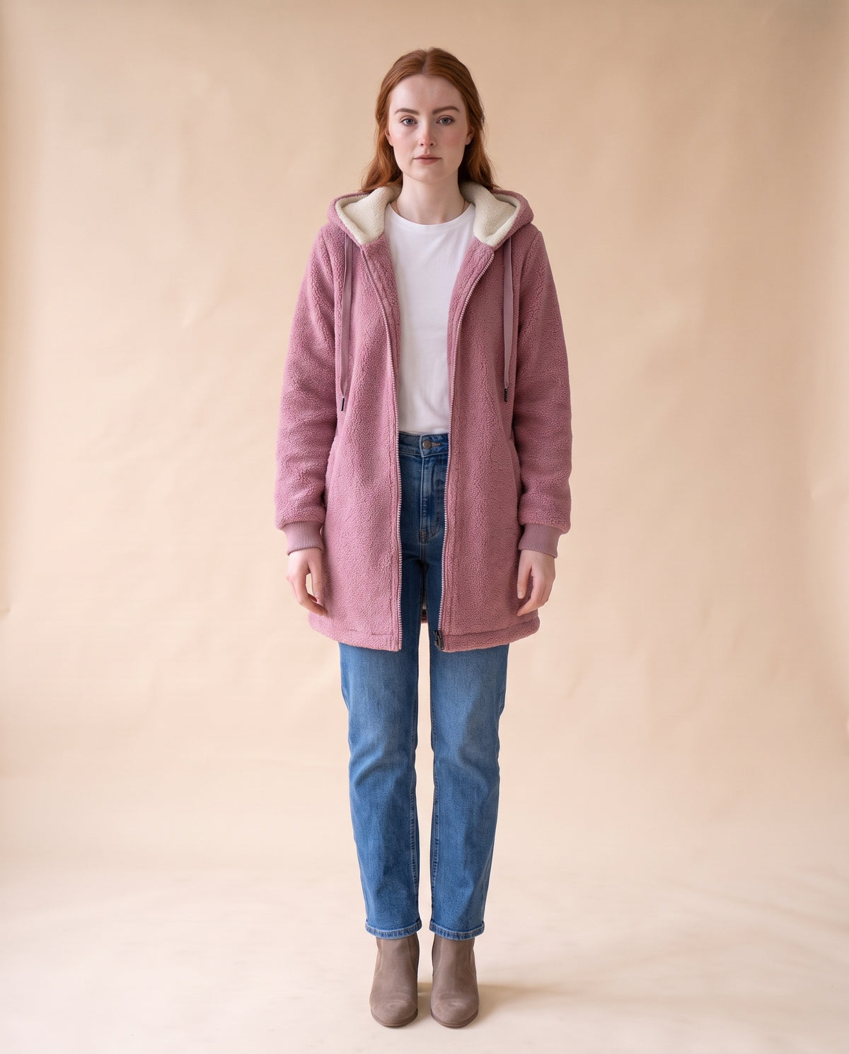 Women's Longline Sherpa Fleece Jacket with Hood - Pink, full-length front view on model