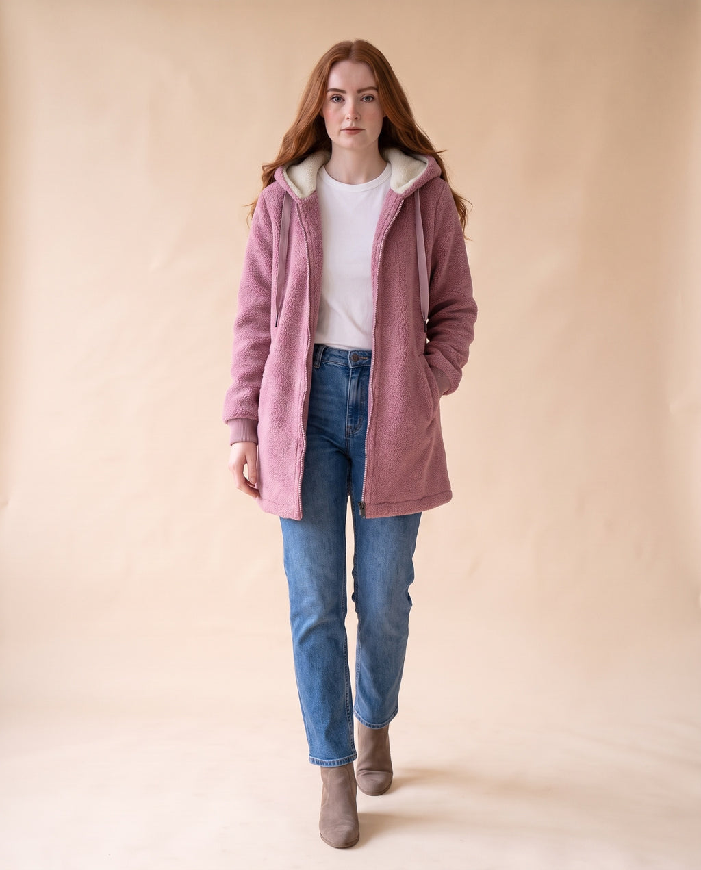 Women's Longline Sherpa Fleece Jacket with Hood - Pink, styled view on model