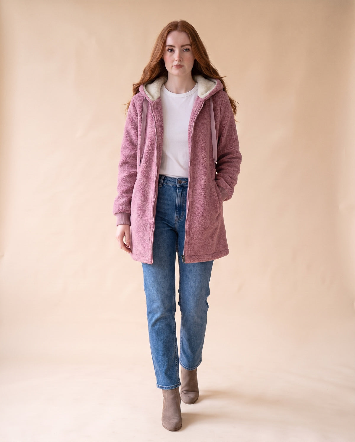 Women's Longline Sherpa Fleece Jacket with Hood - Pink, styled view on model
