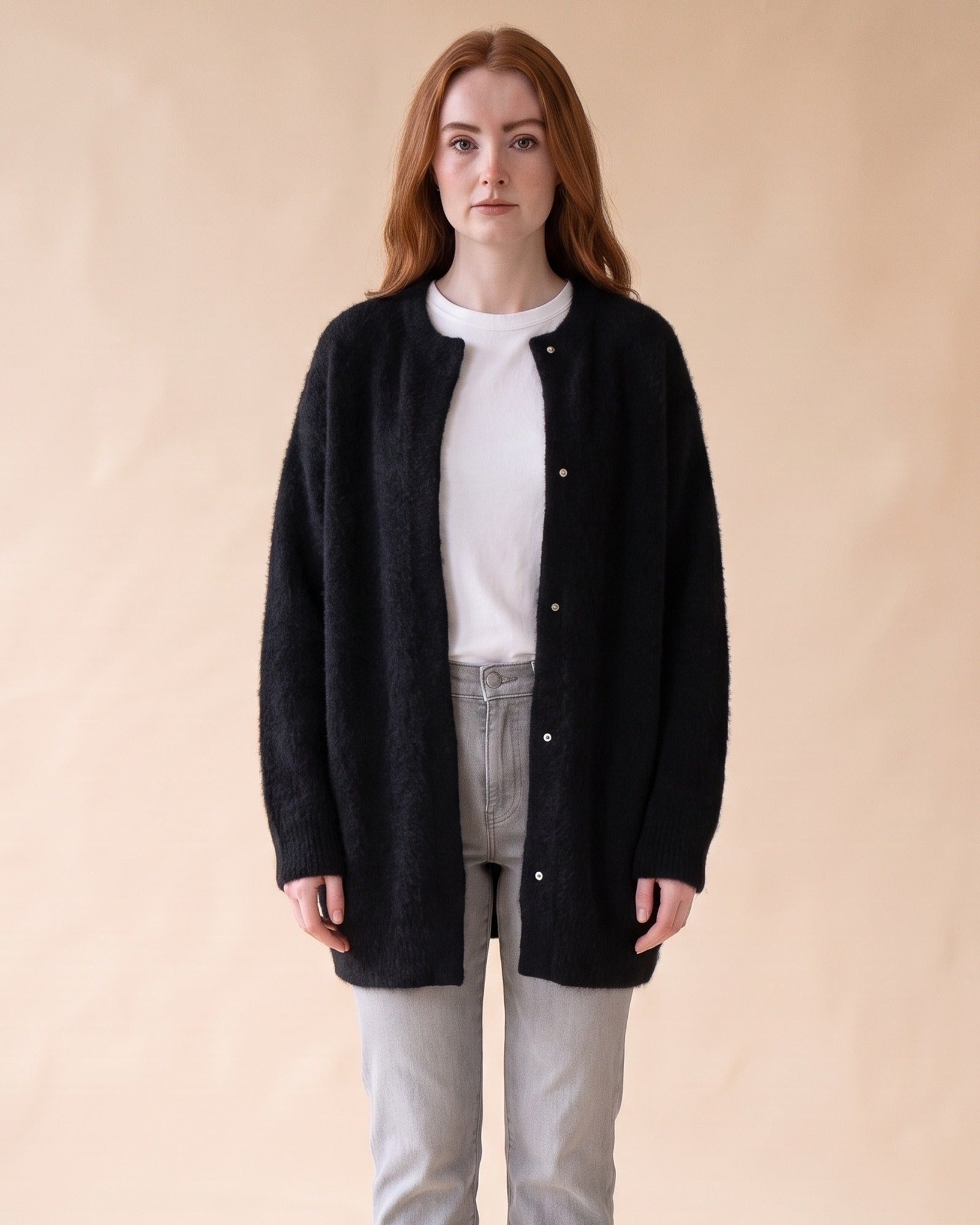 Women's Oversized Knit Cardigan with Snap Button Front in Black