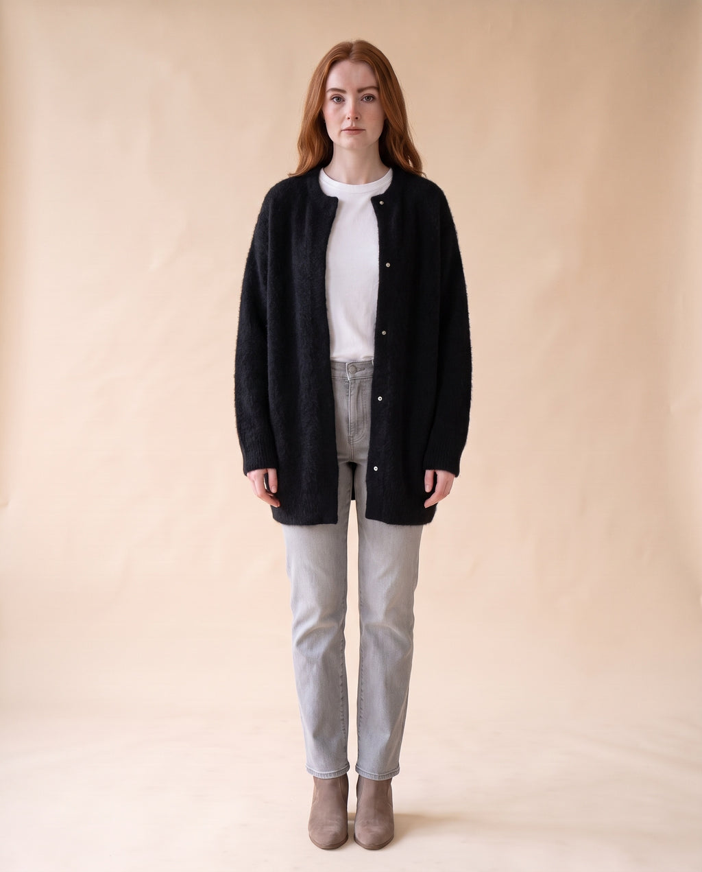 Women's Oversized Knit Cardigan with Snap Button Front - Black, full-length front view on model