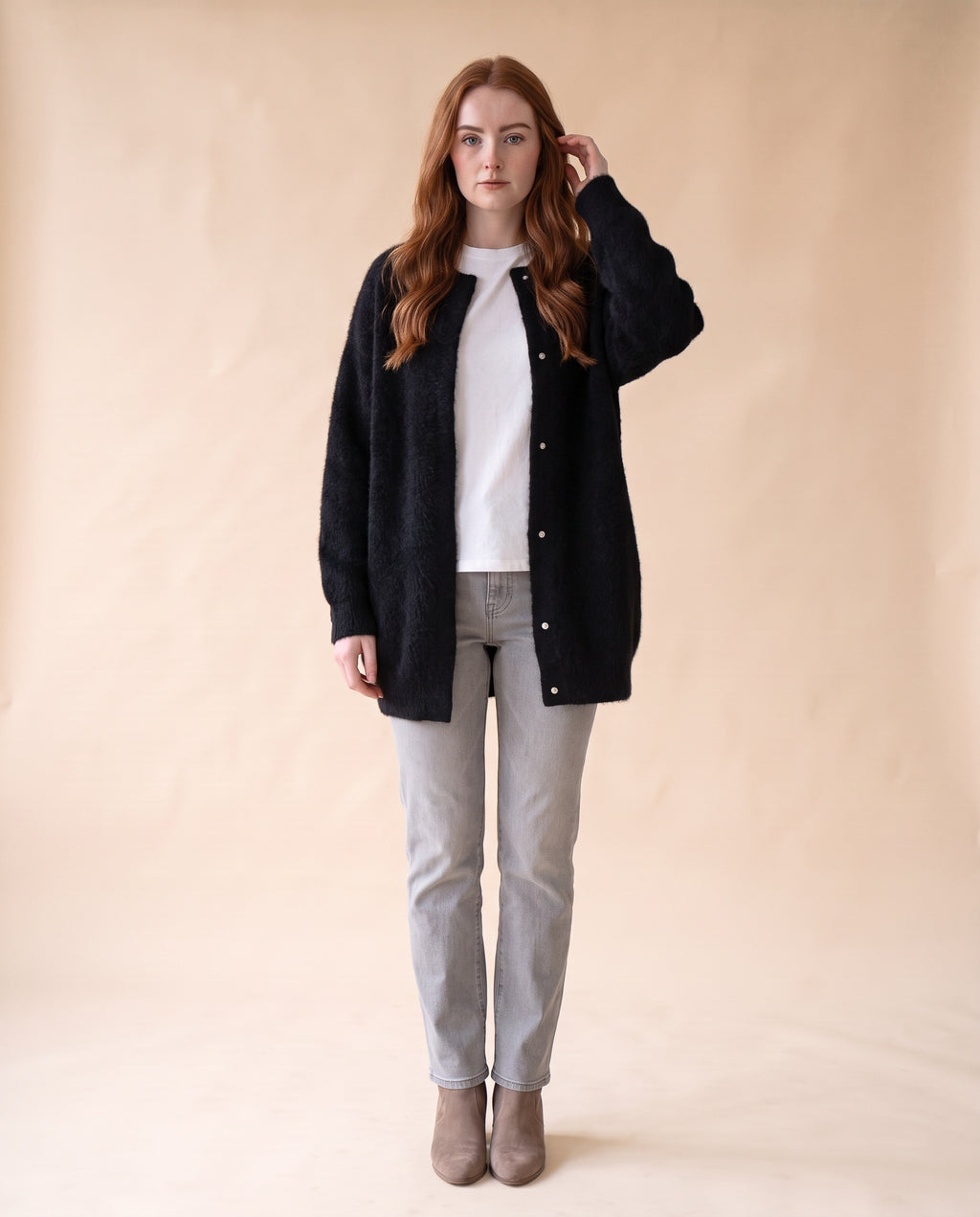 Women's Oversized Knit Cardigan with Snap Button Front - Black, styled view on model