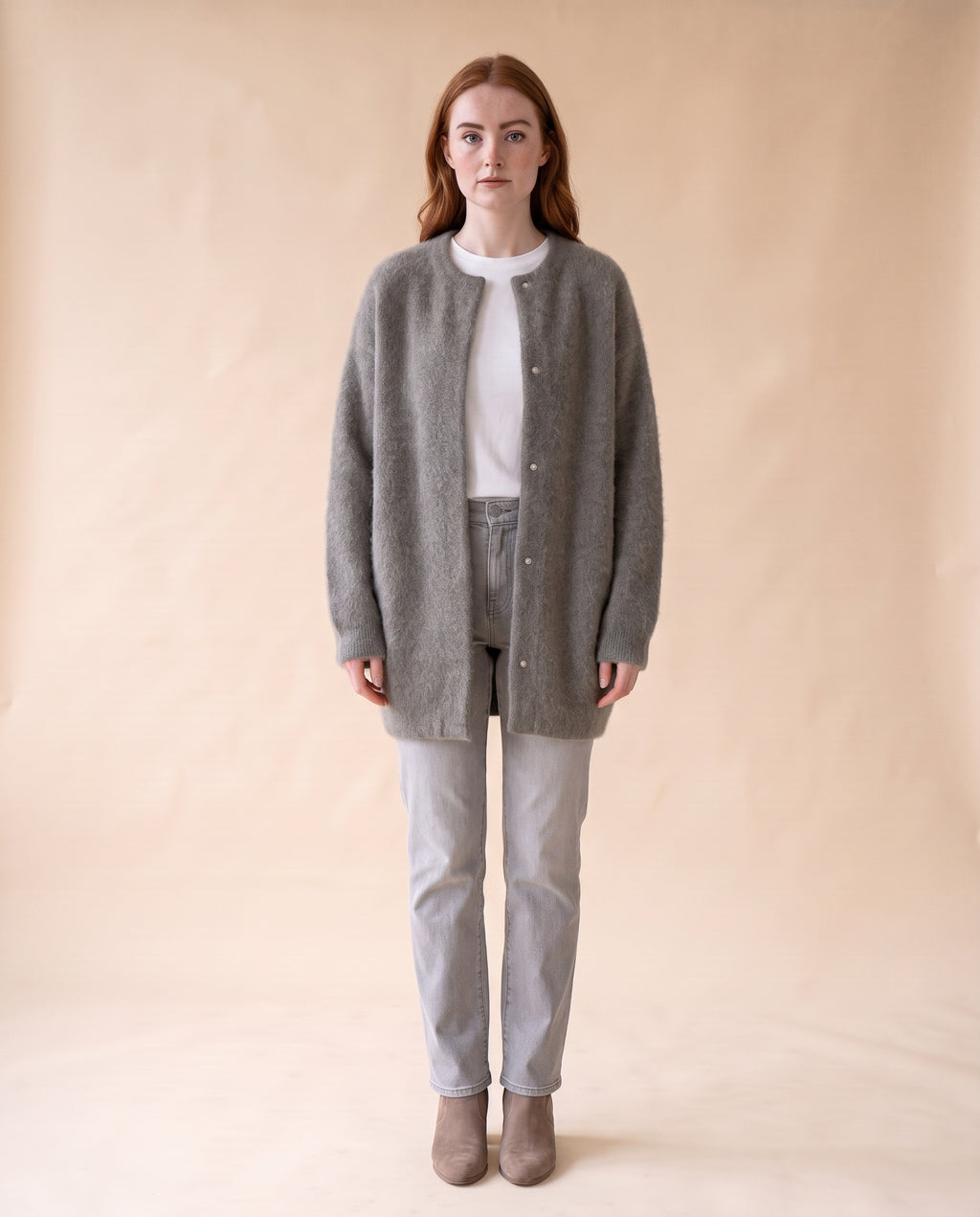 Women's Oversized Knit Cardigan with Snap Button Front - Grey, full-length front view on model