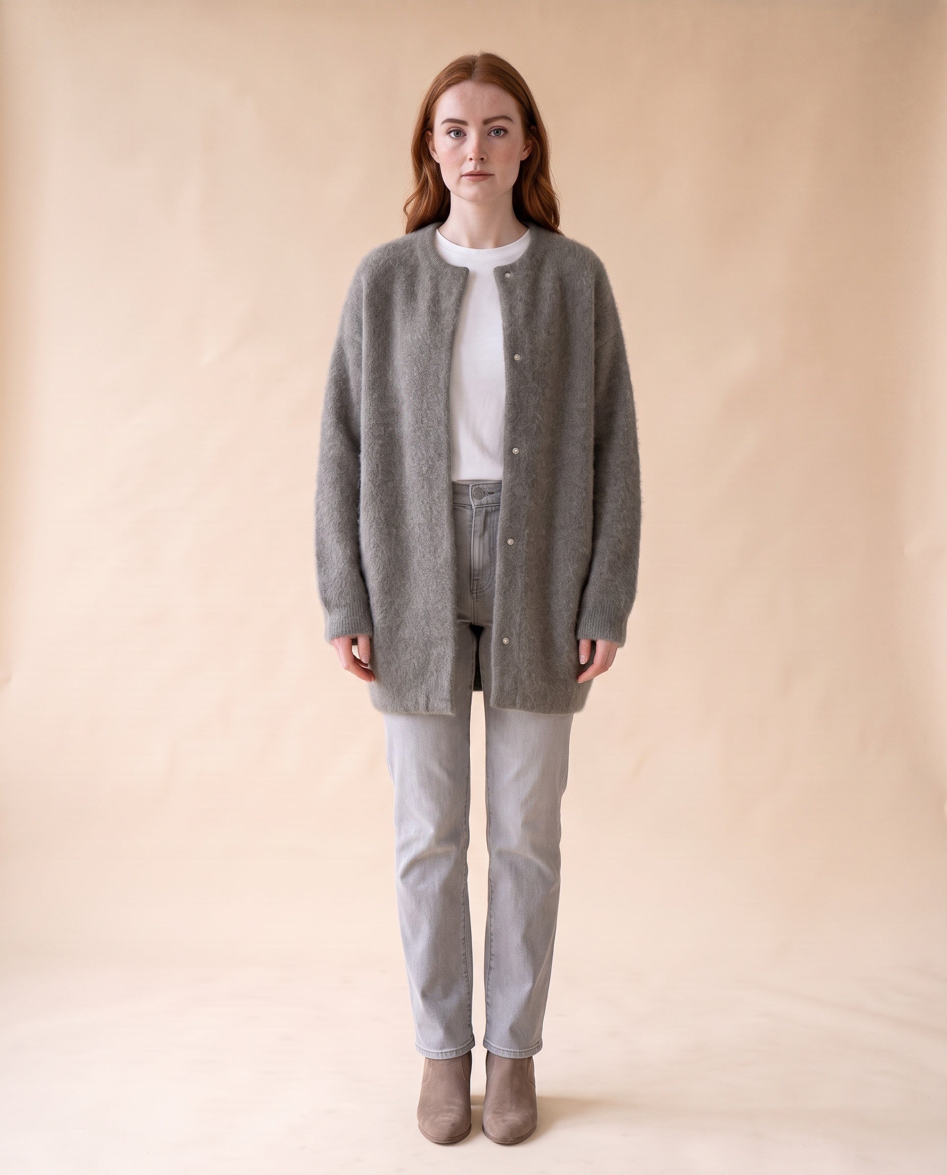 Women's Oversized Knit Cardigan with Snap Button Front - Grey, full-length front view on model