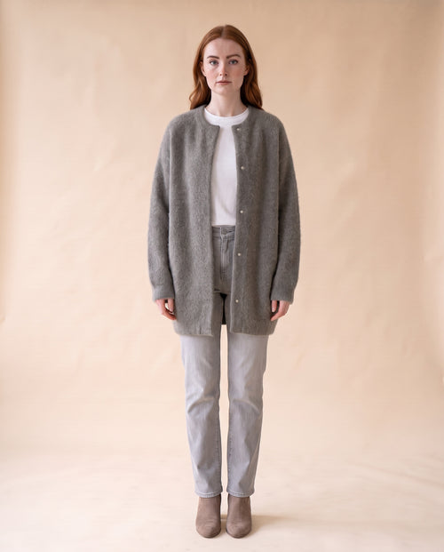 Women's Oversized Knit Cardigan with Snap Button Front - Grey, full-length front view on model