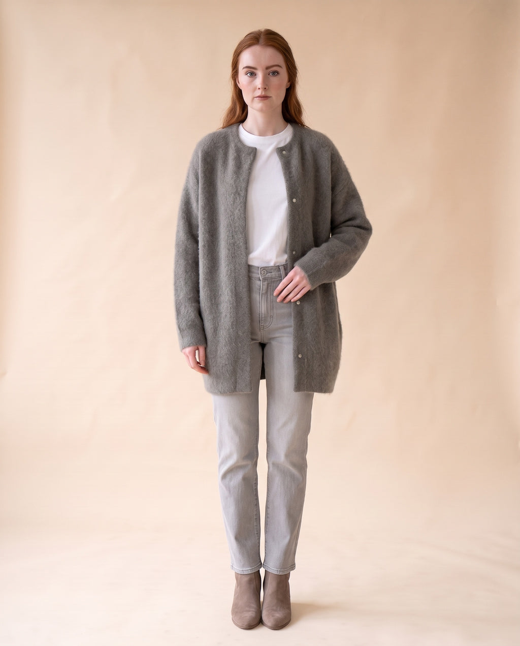 Women's Oversized Knit Cardigan with Snap Button Front - Grey, styled view on model