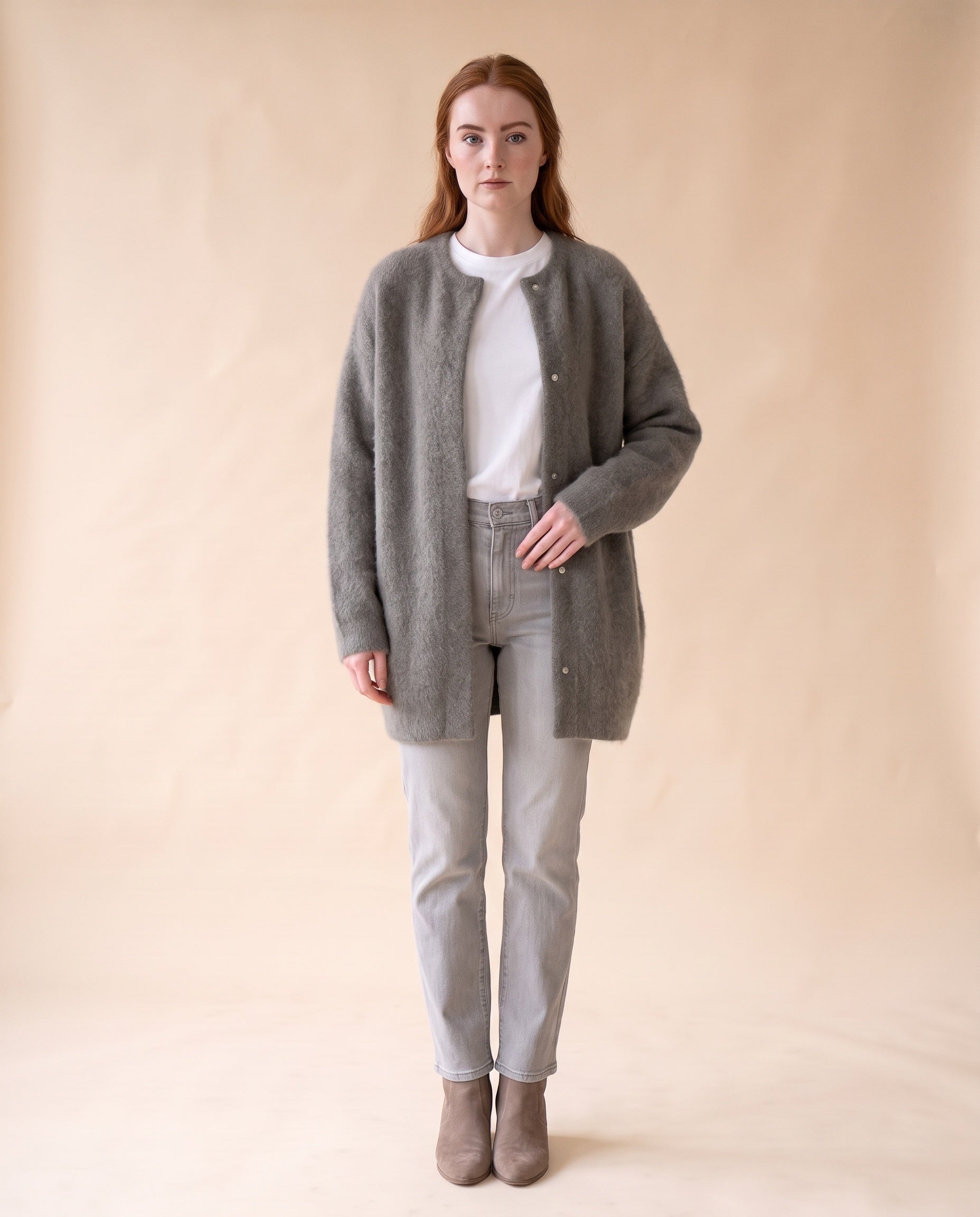 Women's Oversized Knit Cardigan with Snap Button Front - Grey, styled view on model
