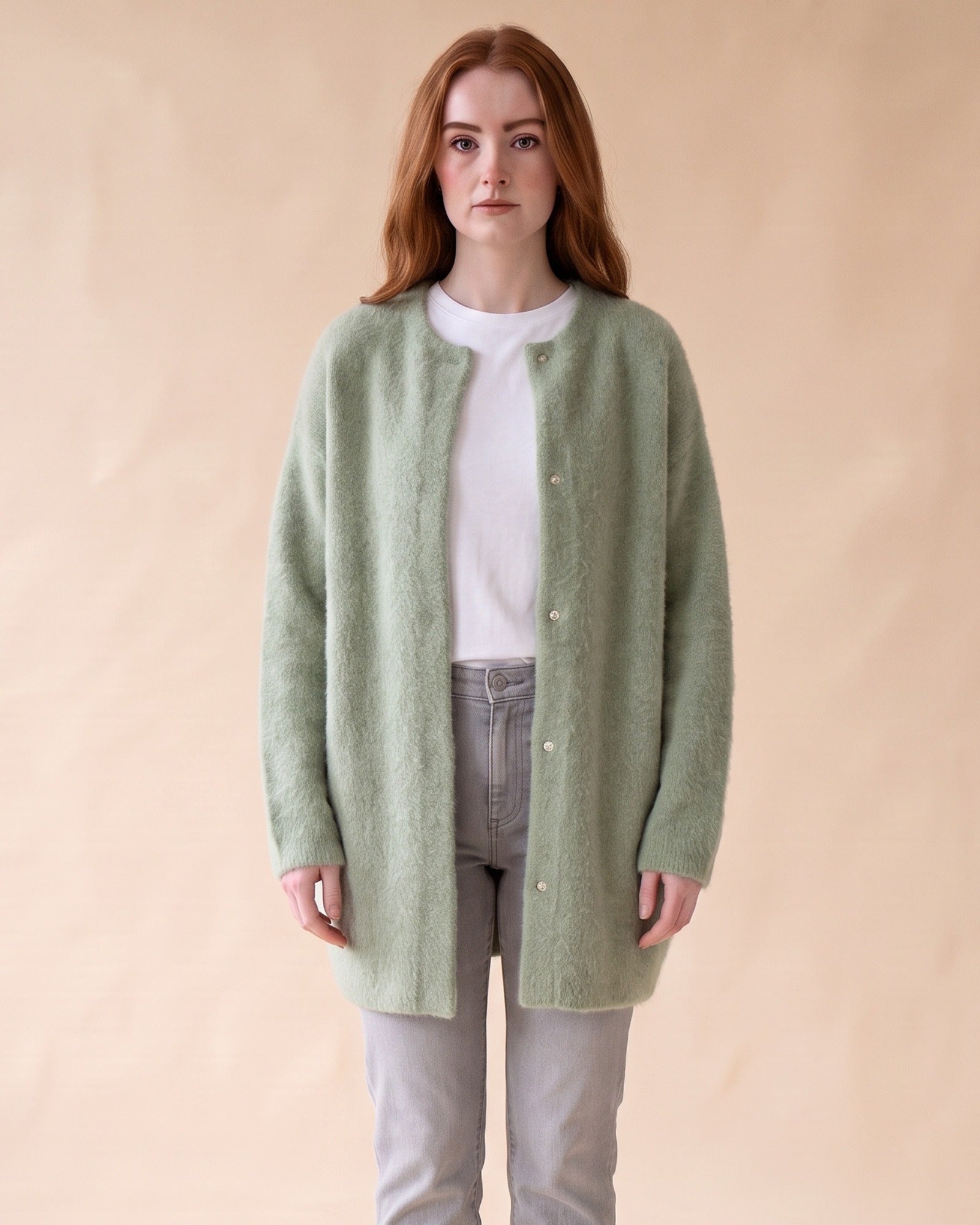 Women's Oversized Knit Cardigan with Snap Button Front in Sage Green