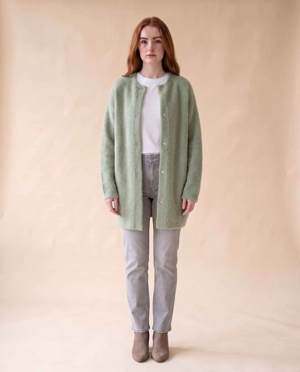 Women's Oversized Knit Cardigan with Snap Button Front - Sage Green, full-length front view on model