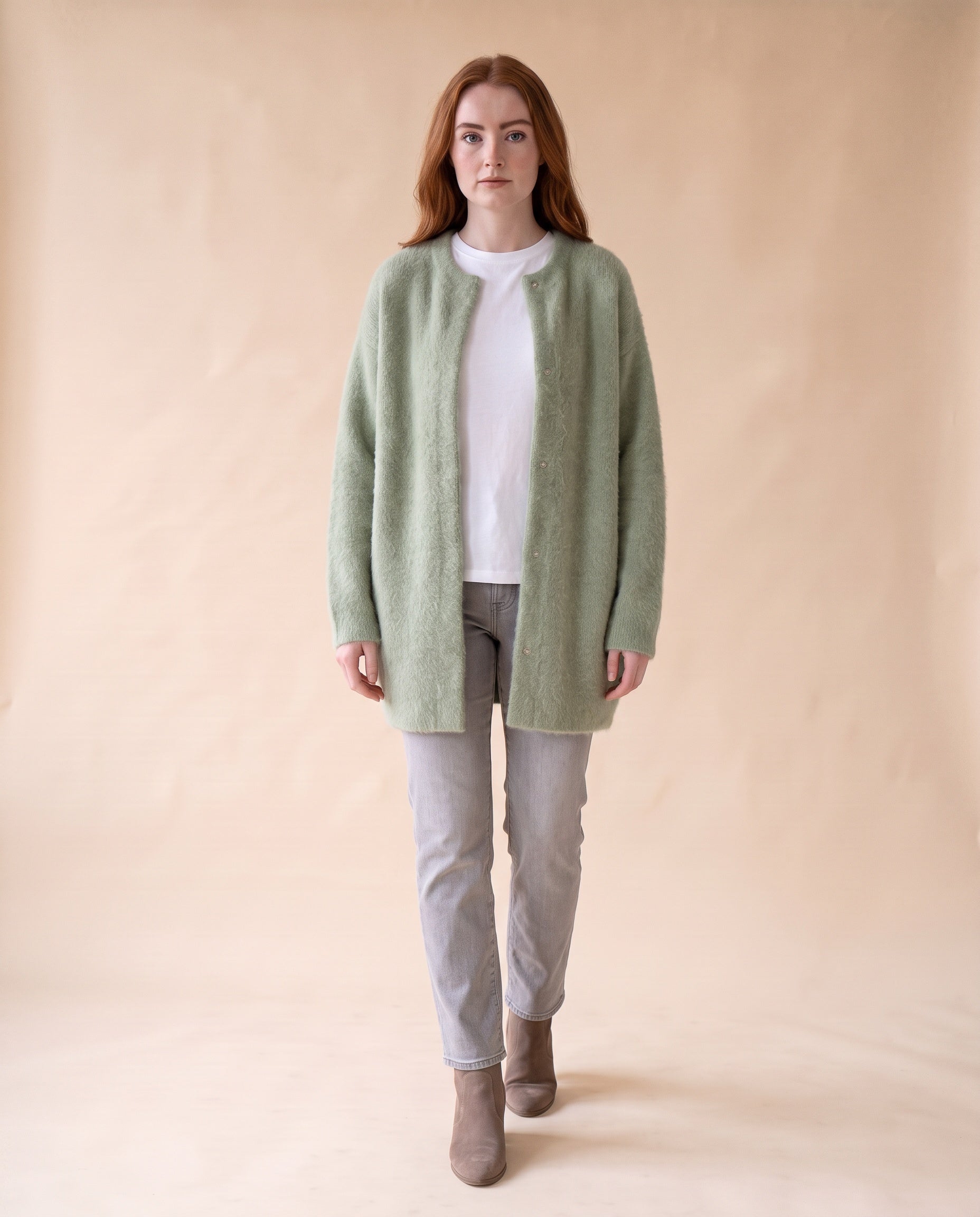 Women's Oversized Knit Cardigan with Snap Button Front - Sage Green, styled view on model