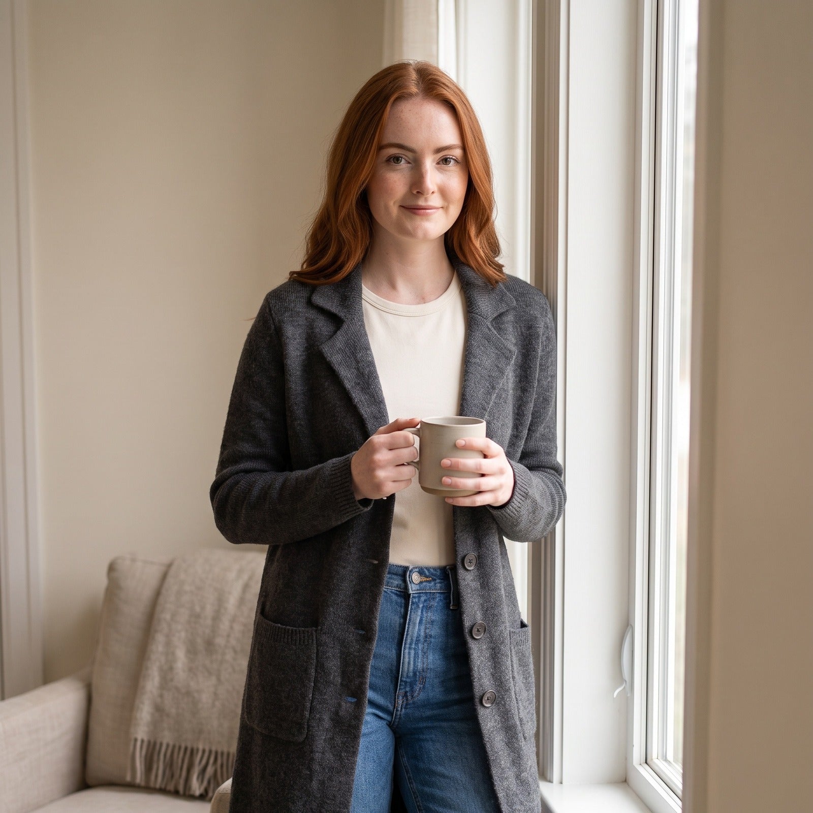 Woman by a window in a longline knit cardigan holding a mug