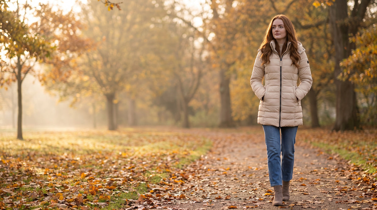 Woman walking through an English park in autumn wearing a long quilted puffer coat